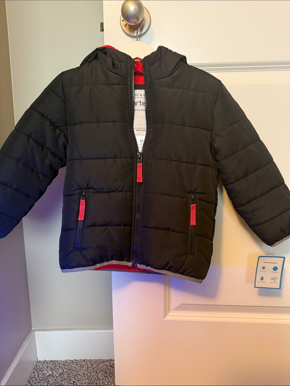 Carters Black and Red Lined Puffer Jacket. 4t